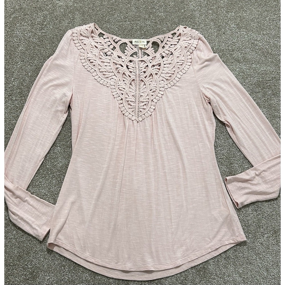 Meadow Rue Anthropologie Women's M Pink Crochet Embroidered Long Sleeve Top